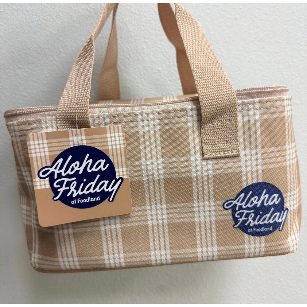 NWT Foodland Hawaii Aloha Friday Beige Palaka Mini Insulated Cooler Bag Tote